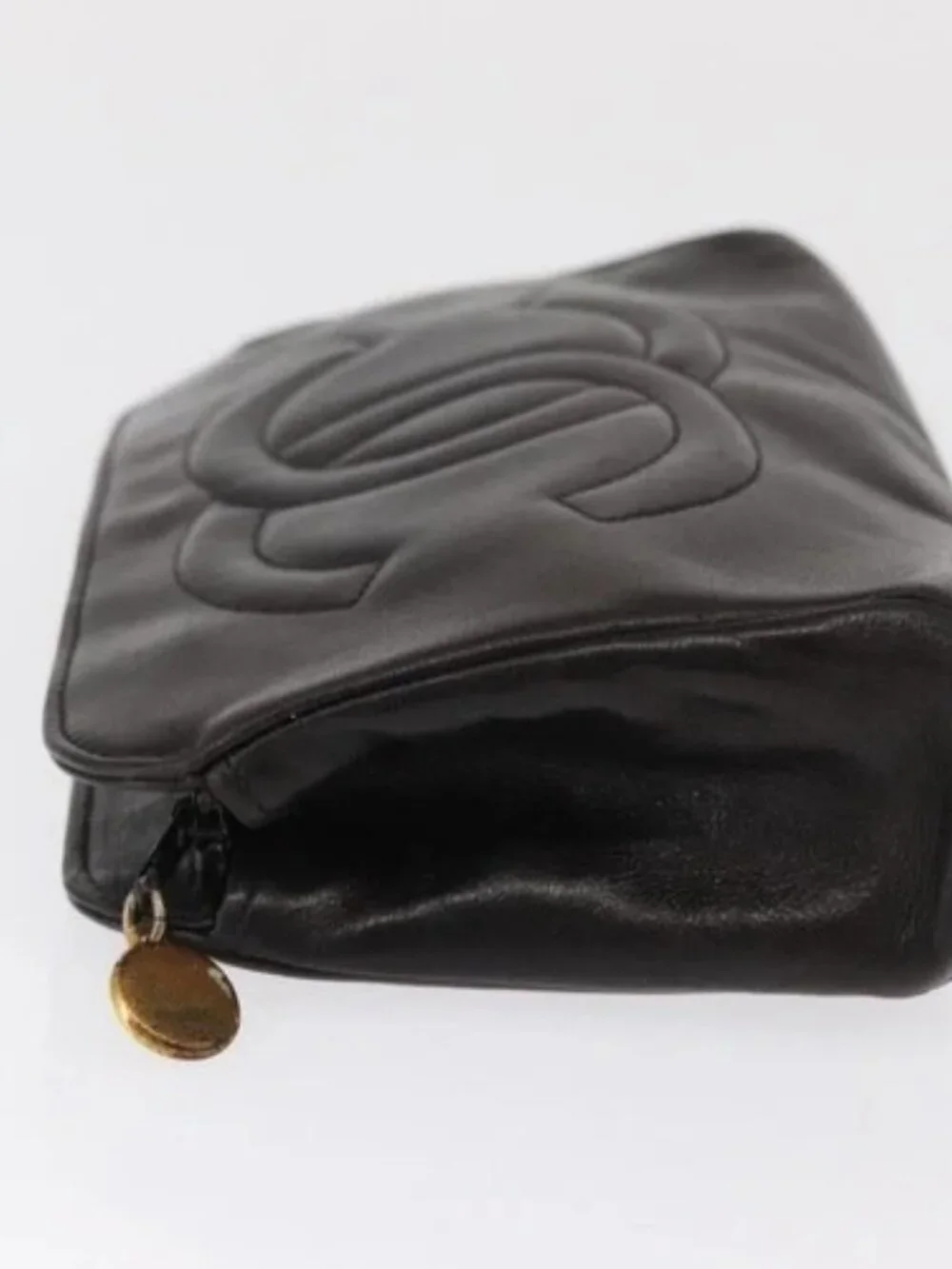 CHANEL Pouch Lamb Skin Black Gold CC Auth fm5050
